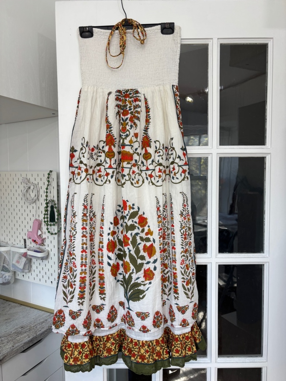 Boho Floral Smocked Maxi Dress Tube / halter tie top Cotton Frill Ruffle Medium